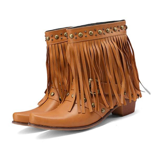 Women's Fringed Studs Chunky Heel Mid-Heel Ankle Boots 67007458C