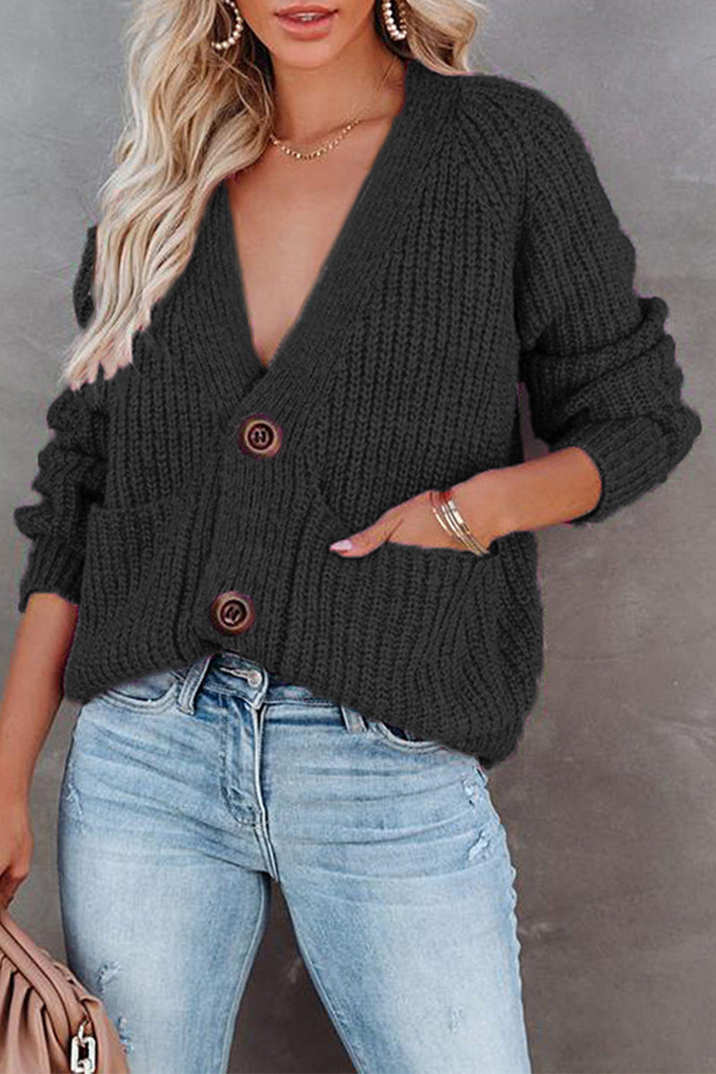 Casual Solid Pocket Buttons V Neck Tops