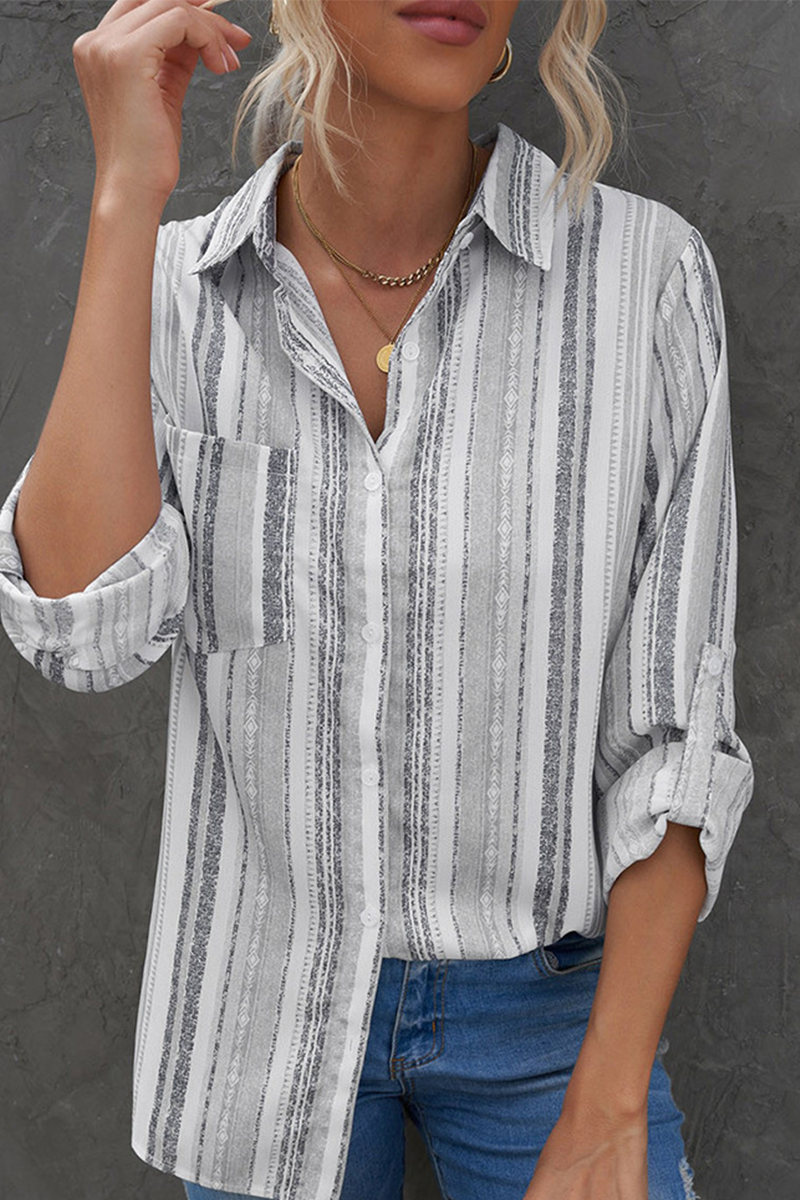 Casual Striped Patchwork Turndown Collar Tops(8 colors)