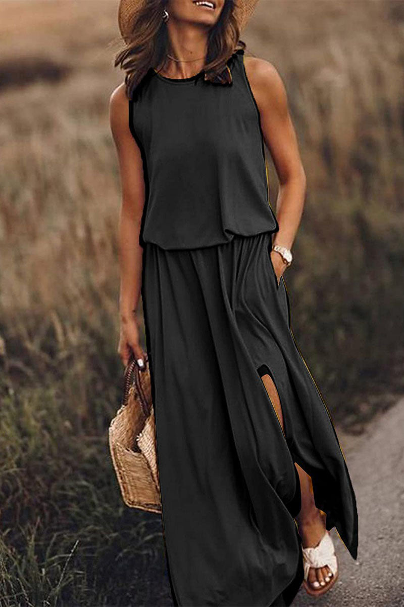 Work Elegant Solid Slit O Neck A Line Dresses