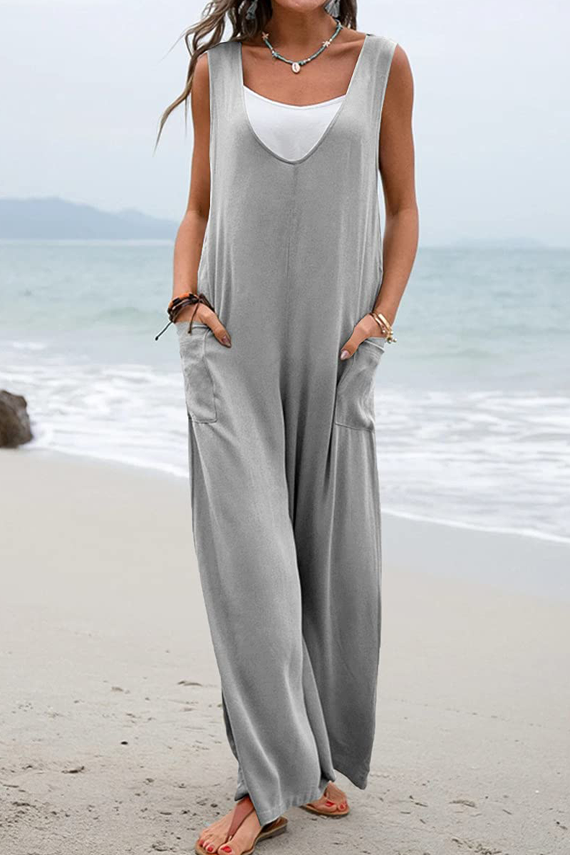 Casual Solid Patchwork U Neck Straight Jumpsuits