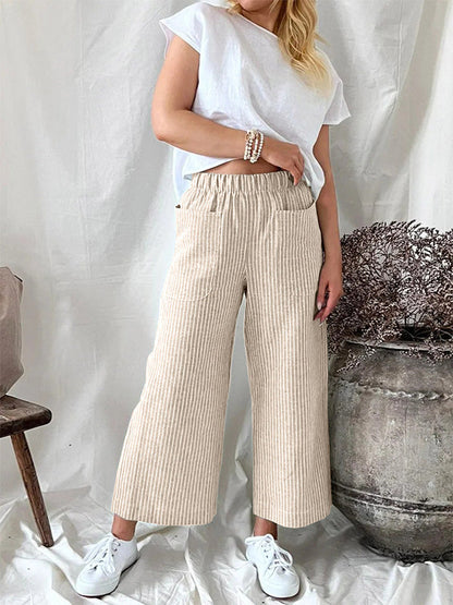 Women's Stripe Elastic Waist Casual Comfy Wide Leg Pants