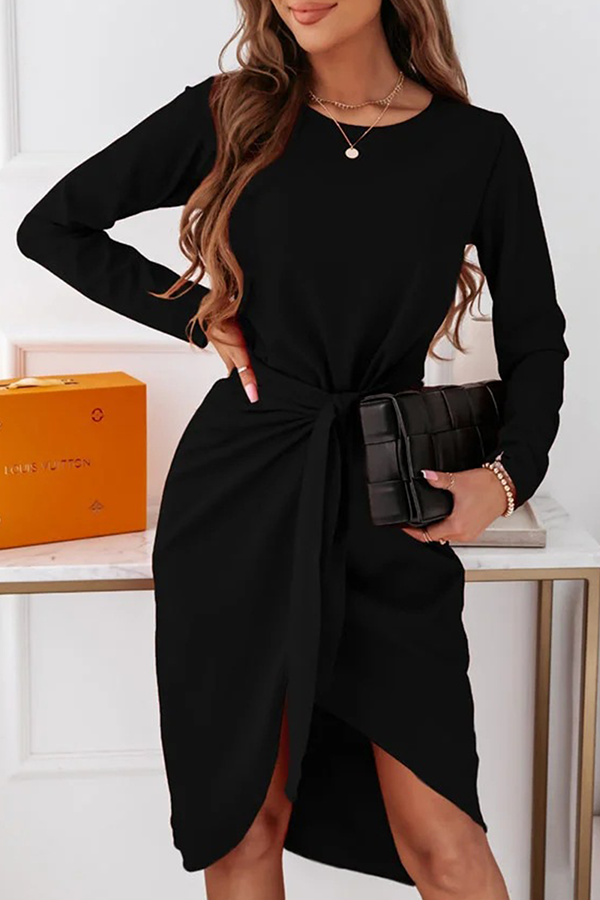 Fashion Elegant With Belt Asymmetrical O Neck Long Sleeve Dresses(3 Colors)