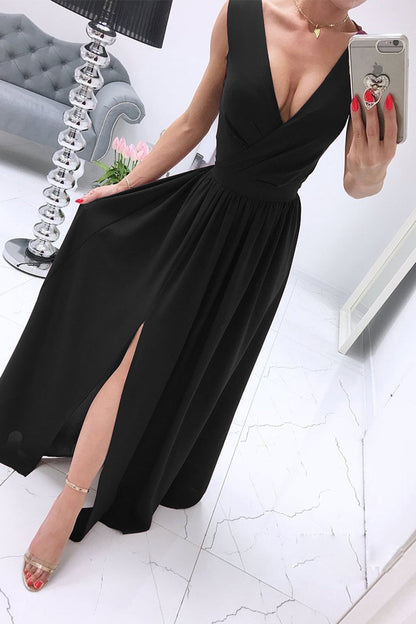 Sexy Simplicity Solid Slit V Neck Princess Dresses