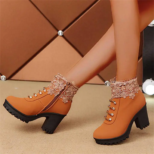 Women's Elegant Rhinestone Flower Lace Mid Heel Zipper Boots