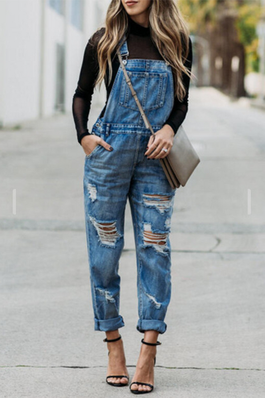 Fashion Solid Ripped Square Collar Harlan Jumpsuits