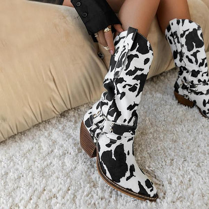 Women's Fashion Retro Cow Pattern Mid-calf Boots 86733591S