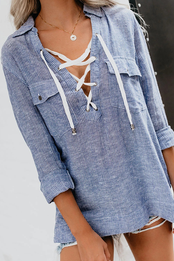 Casual Striped Pocket Cross Straps Turndown Collar Tops