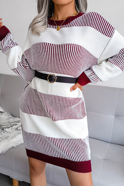 Elegant Striped Split Joint  Contrast O Neck Dresses Sweater  (Without Belt)