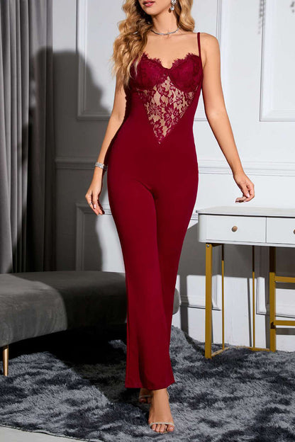 Sexy Celebrities Solid Lace Hollowed Out V Neck Skinny Jumpsuits