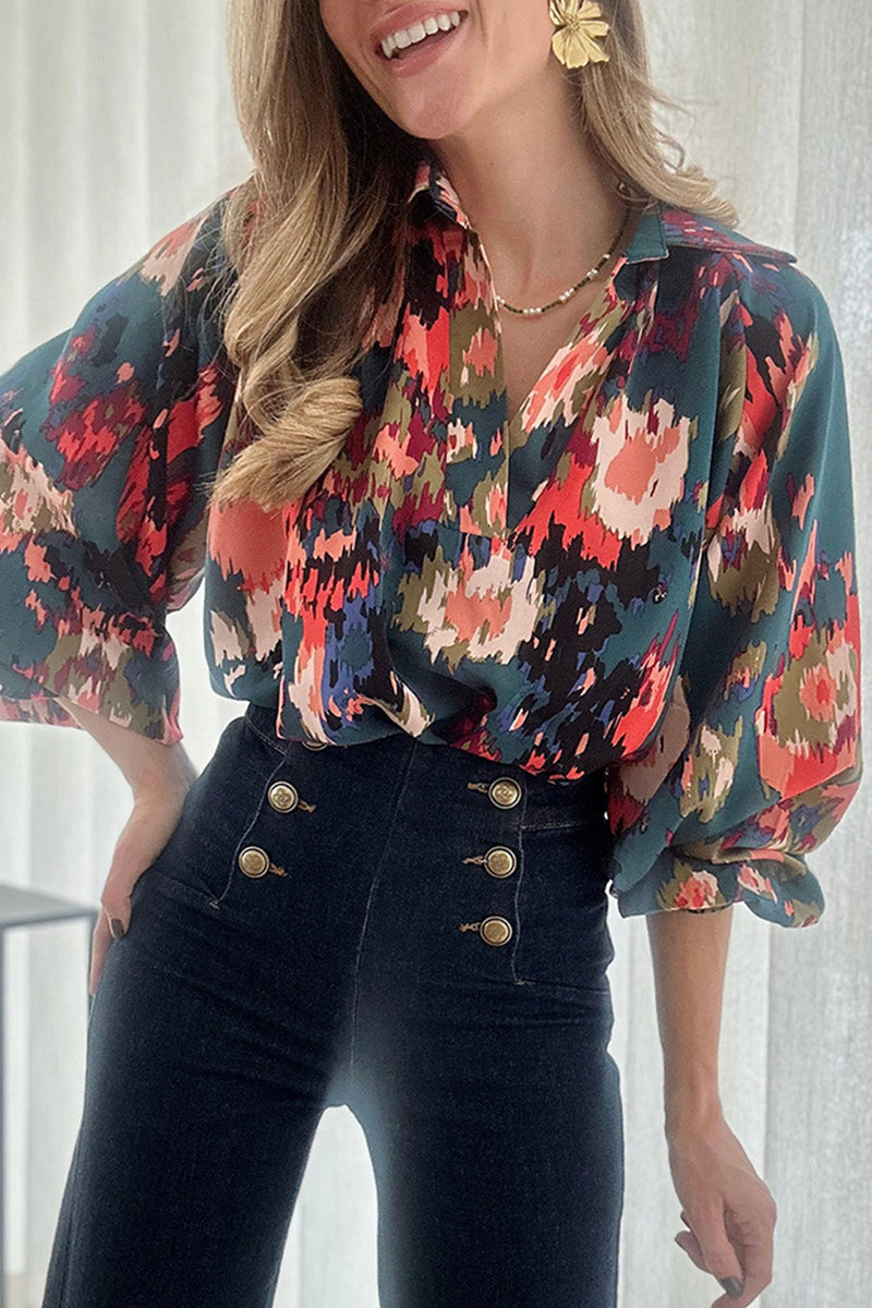 Work Elegant Print Patchwork V Neck Blouses(4 Colors)