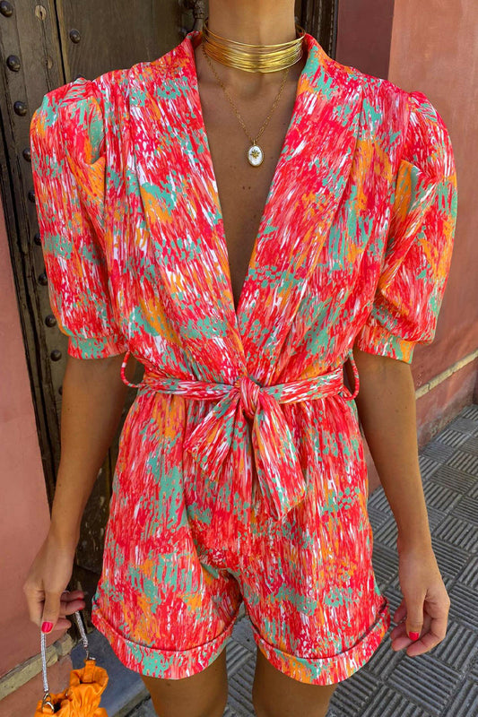 Casual Print Bandage Turn-back Collar Loose Jumpsuits