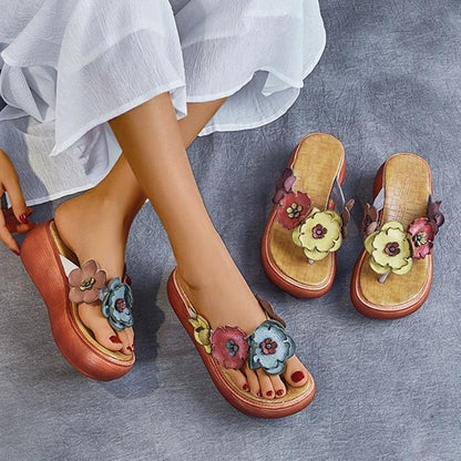 Women Bohemia Pu Flower Flip-flop Platform Heel Sandals