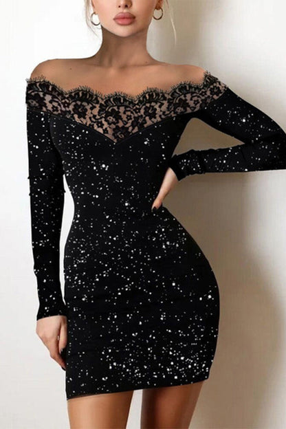 Sexy Elegant Solid Lace Patchwork Sequined Off the Shoulder A Line Dresses