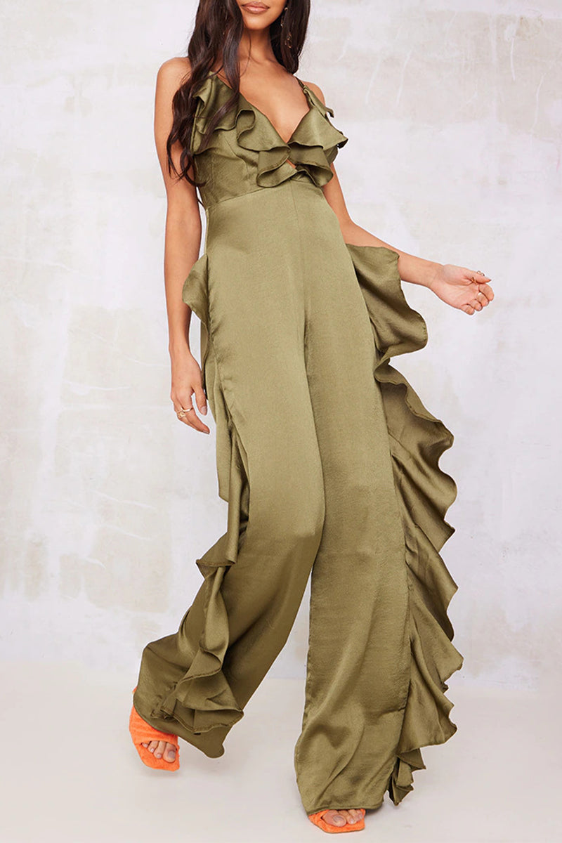 Sexy Casual Solid Backless Flounce V Neck Loose Jumpsuits