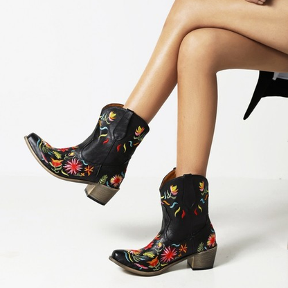 Embroidered Flowers Low-Heel Boots