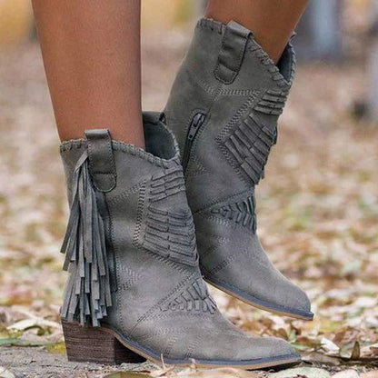 Women'S Chunky Heel Fringe Mid Boots 37321970C