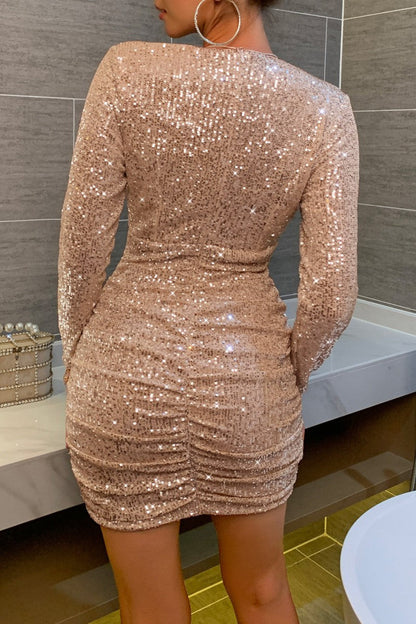 Sexy Patchwork Sequins Fold V Neck Long Sleeve Dresses(5 Colors)