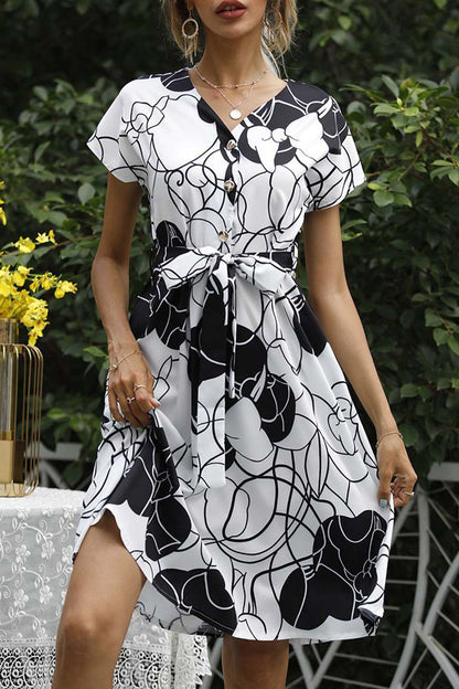 Elegant College Print Frenulum V Neck A Line Dresses