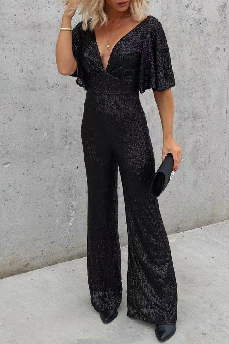 Casual Simplicity Solid Sequins V Neck Regular Jumpsuits