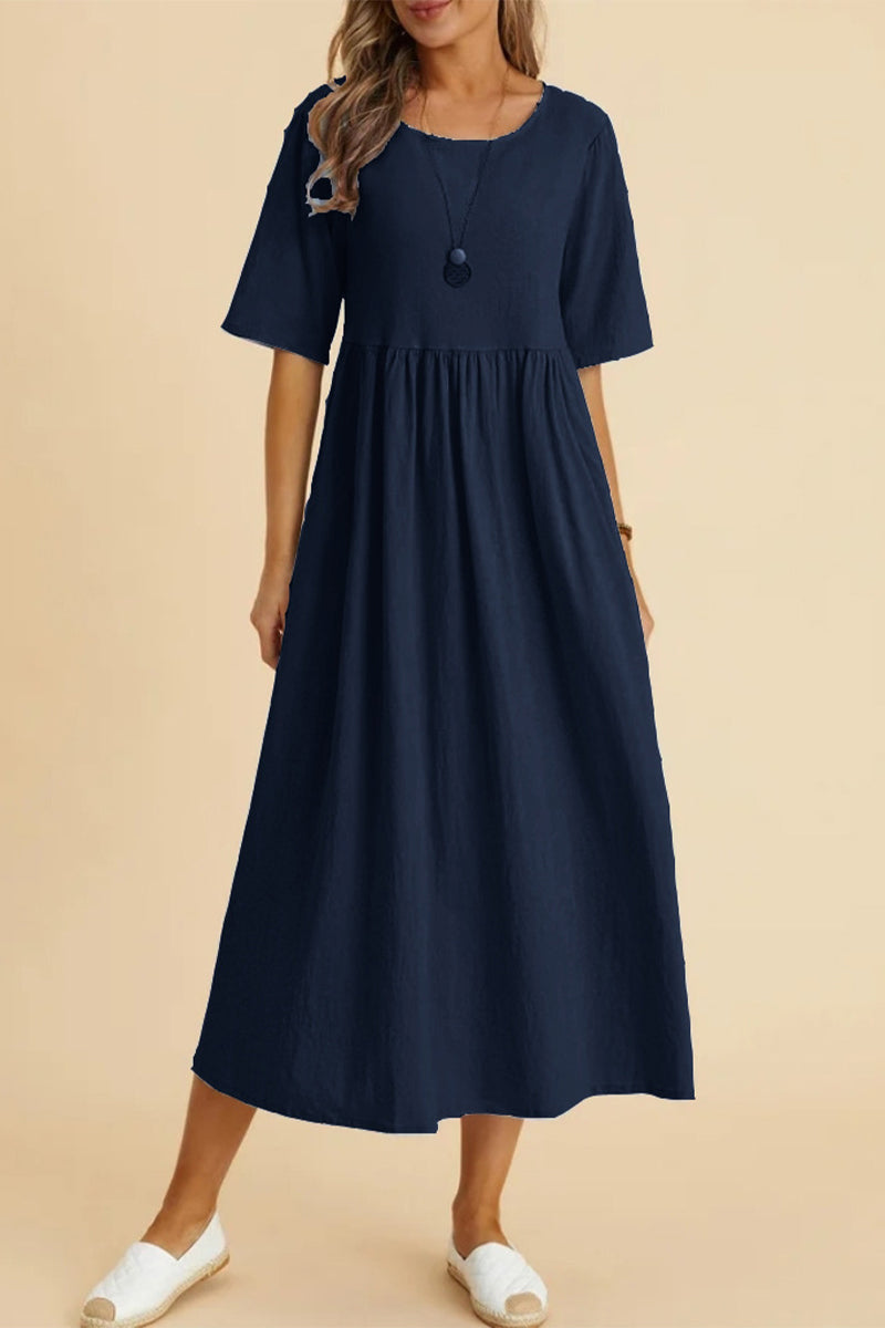 Casual Solid Fold O Neck Short Sleeve Dress