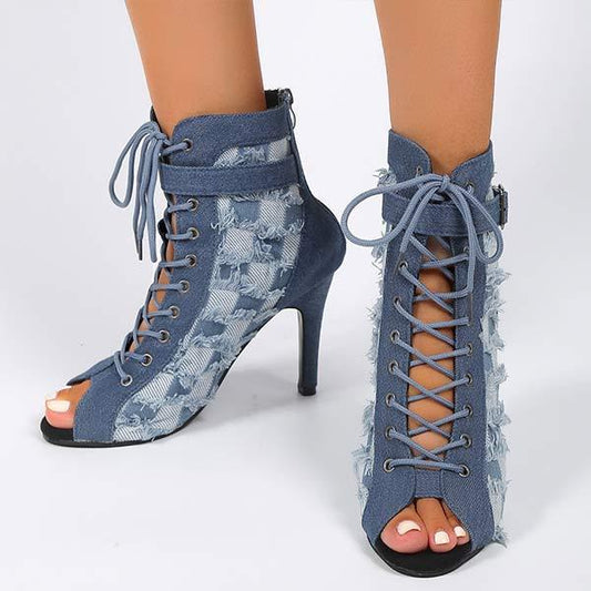 Women's Lace-Up Belt Buckle Small Checkered Denim Blue Sandals 36976940C