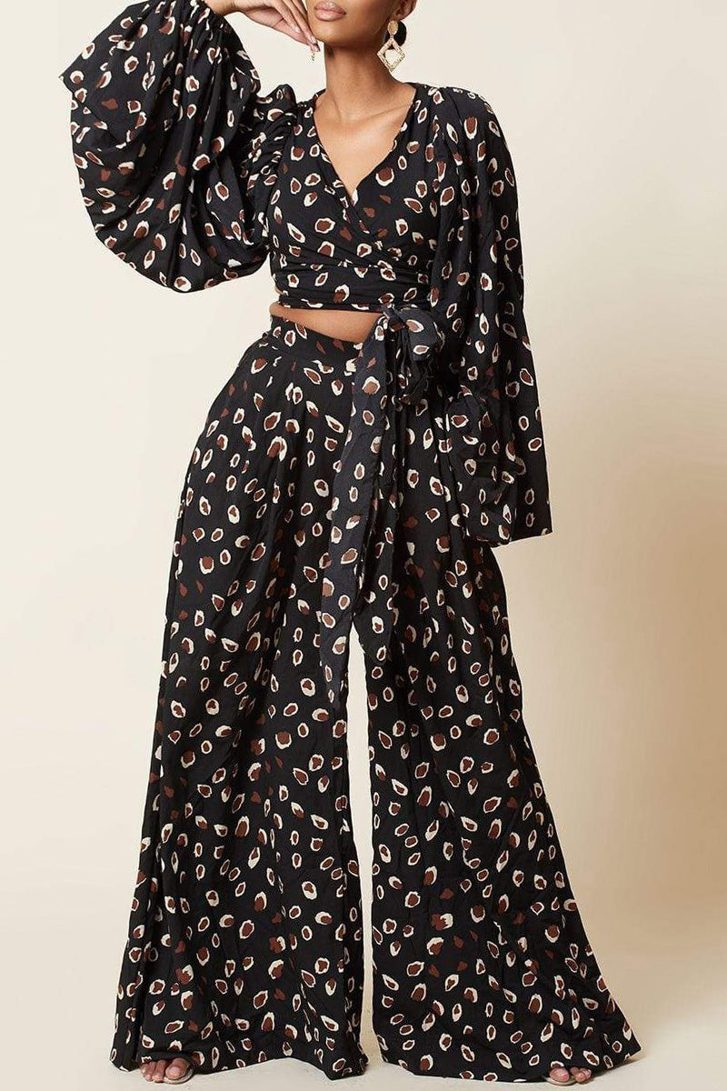 Fashion Casual Print Bandage V Neck Long Sleeve Two Pieces