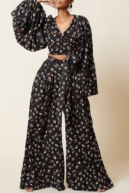 Fashion Casual Print Bandage V Neck Long Sleeve Two Pieces