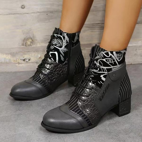 Women's Fashion Round Toe Lace Up Chunky Heel Booties 92776981S