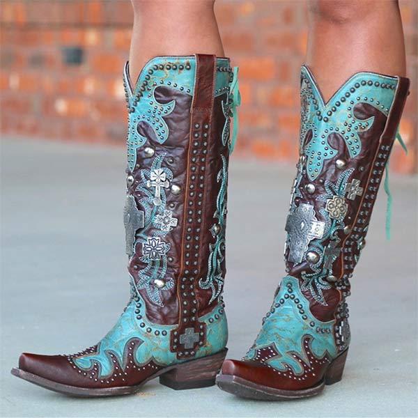 Women's Low Heel Stud High-Calf Western Cowboy Boots 87258531C