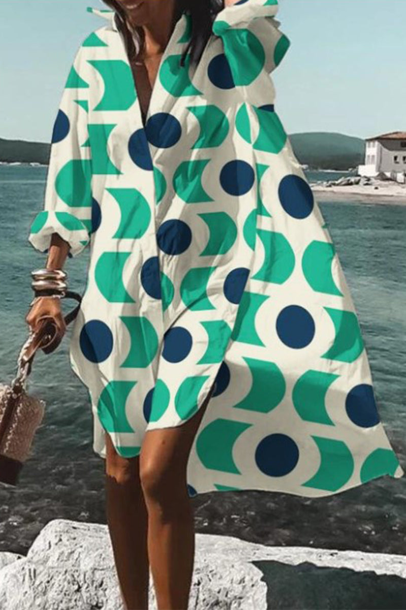 Casual Print Contrast Turndown Collar Shirt Dress Dresses