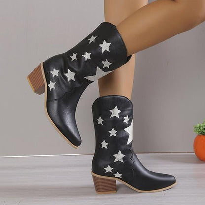Women's Fashion Casual Star Chunky Heel Mid-calf Boots 79504262S