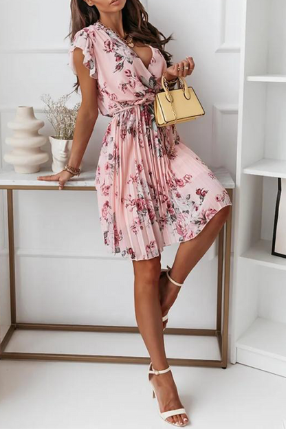 Casual Print Flounce V Neck Cake Skirt Dresses(4 colors)