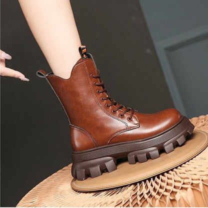 Winter Shoes Women Boots Round Toe Flats Black & Brown Leather