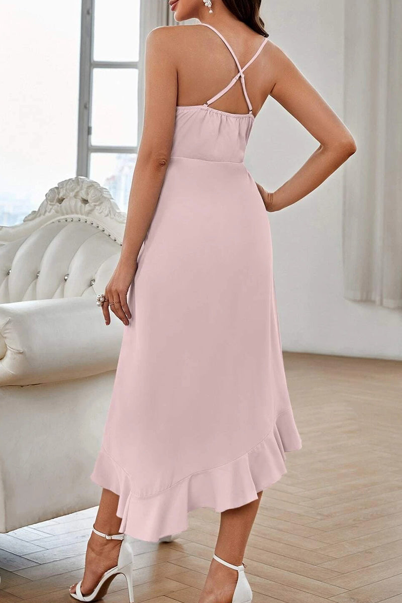 Sweet Elegant Solid Flounce V Neck Sling Dress Dresses