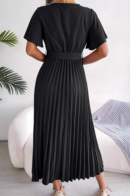 Casual Solid Fold V Neck Waist Skirt Dresses(3 colors)