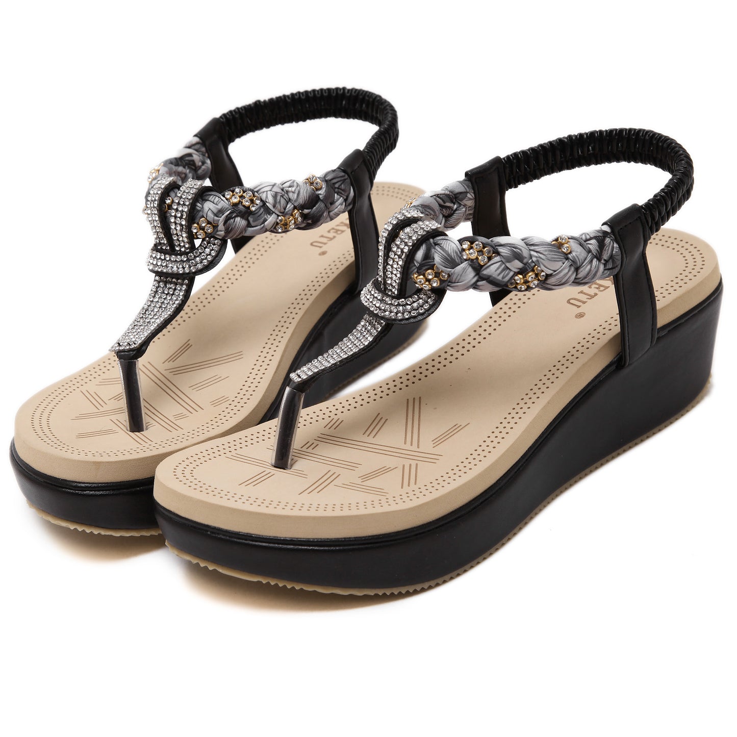 Women's Boho Rhinestone Braided Strap Wedge Sandals