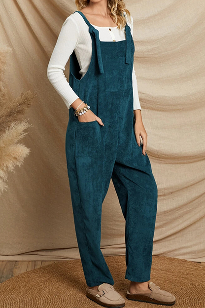 Vintage Solid Split Joint Pocket Square Collar Loose Jumpsuits