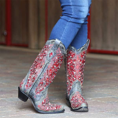 Women's Embroidered Rhinestone Square Toe Mid-Calf Riding Boots 73743819C