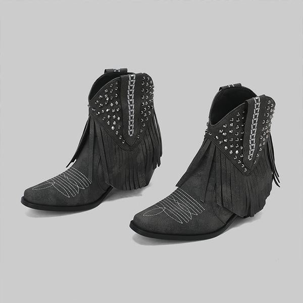 Women's Fashion Tassel Rhinestone Chunky Heel Booties 85018245S