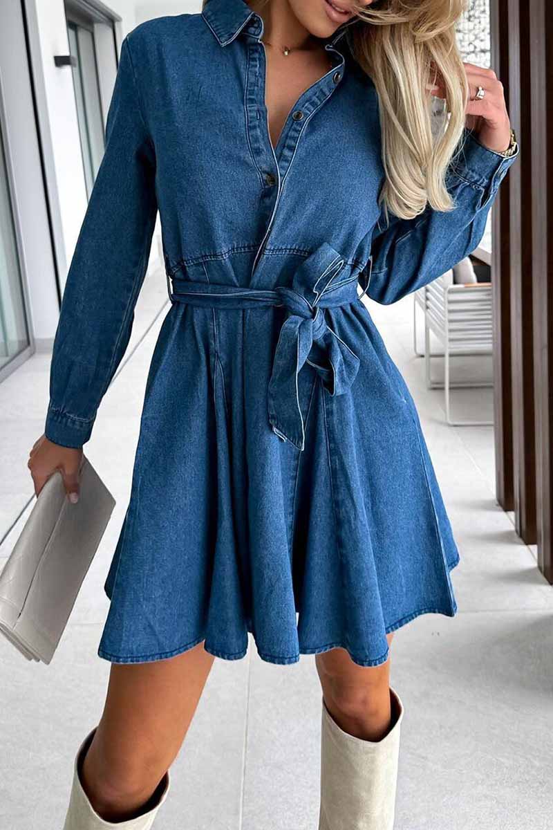 Casual Solid Turndown Collar A Line Dresses