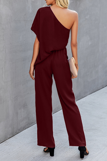 Elegant Solid Patchwork Oblique Collar Regular Jumpsuits(4 colors)