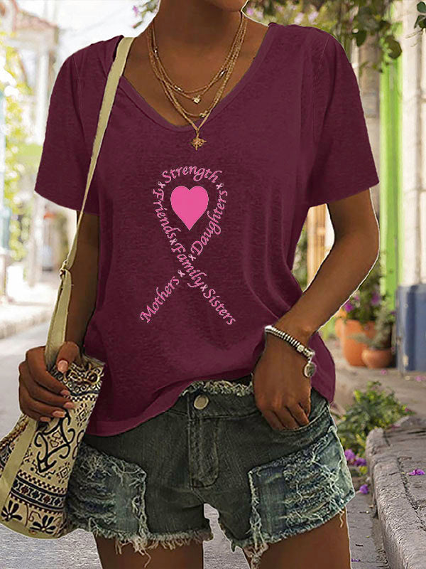 Pink Heart Ribbon V-neck Short Sleeve T-shirt