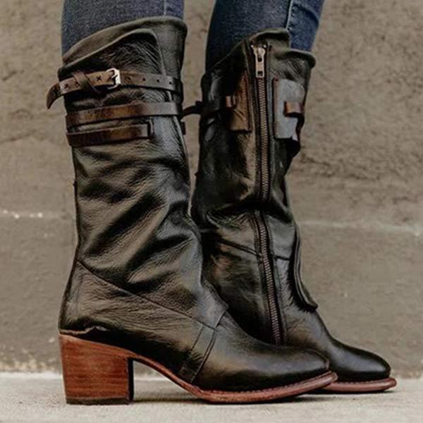 Women's Chunky Heel High Shaft Riding Boots with Belt Buckle High Heel Boots 55190084C