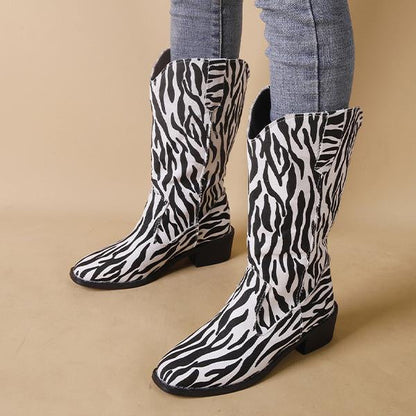 Women's Fashion Zebra Pattern Chunky Heel Mid-Calf Boots 69176573S