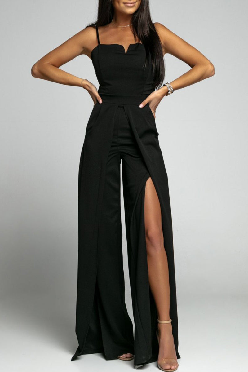 Celebrities Simplicity Solid Slit Solid Color Square Collar Regular Jumpsuits