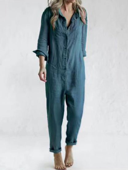 Button Up Casual Lapel Pocket Long Sleeve Jumpsuit