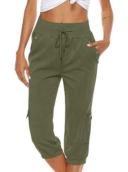 Women's Drawstring Cargo Pants Elastic Waist Casual Capri