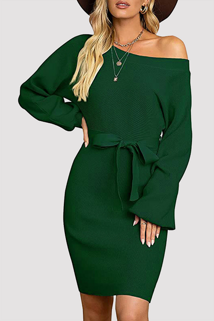 Fashion Elegant Solid Split Joint With Belt Oblique Collar Wrapped Skirt Dresses