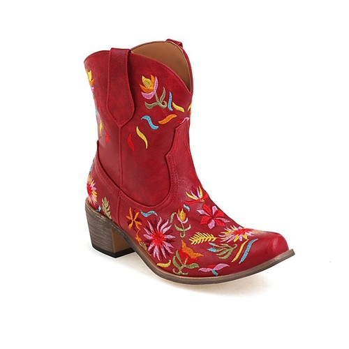 Embroidered Flowers Low-Heel Boots